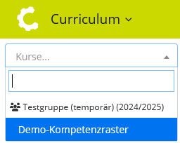 Kursauswahlmenü mit Eintrag für ein Demo-Kompetenzraster für eine Demoklasse