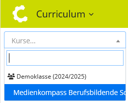 Kursauswahlmenü mit Eintrag für den Medienkompass für eine Demoklasse