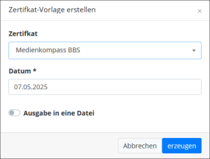 Dialogfenster zum Erzeugen eines Zertifikats