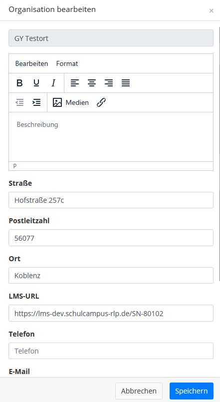 Bearbeitungsdialog für die Schuldaten in Curriculum