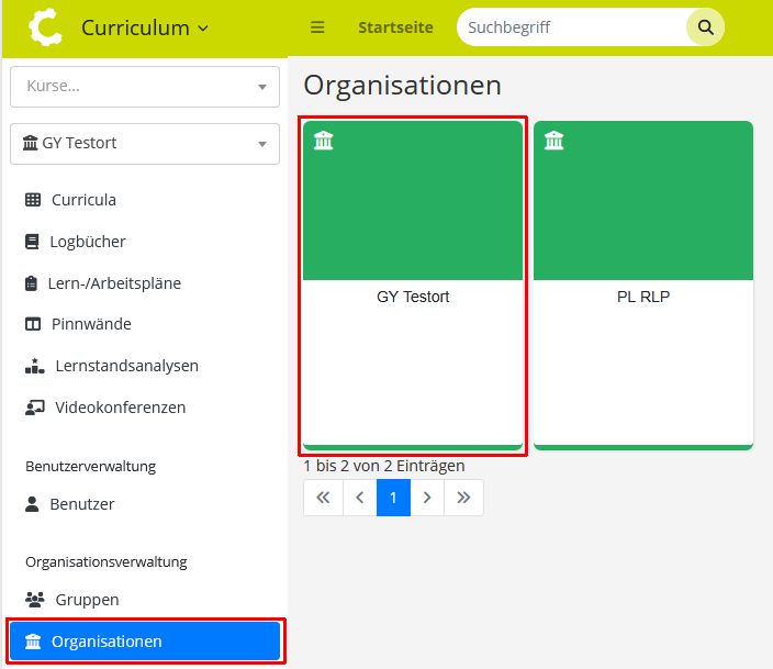 Curriculum-Seite Organisationen