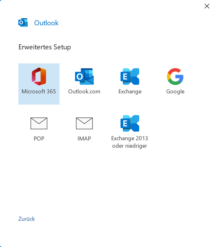 Outlook Mailserver System Auswahl